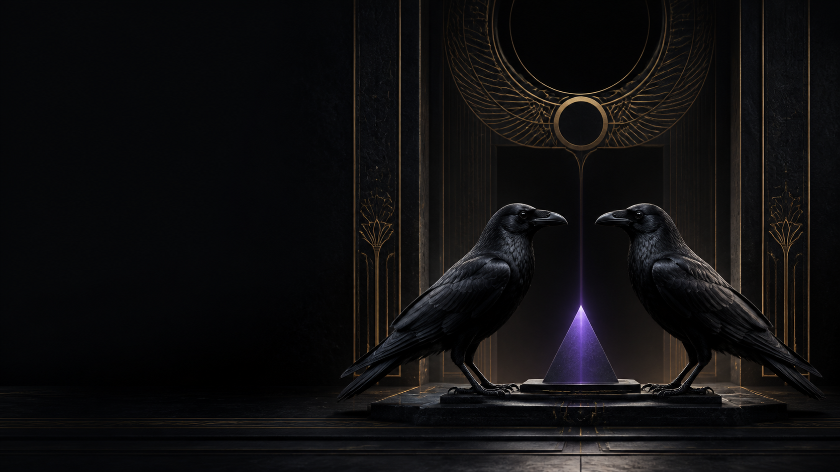 Two black crows facing one another beside a glowing lapis pyramid in a dark, Egyptian-inspired architectural setting
